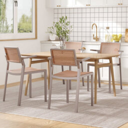 Thehotsale Set Of 4 Pseudo-Rattan Pp Stackable Dining Chair With Armrest In Grey - thumbnail 2