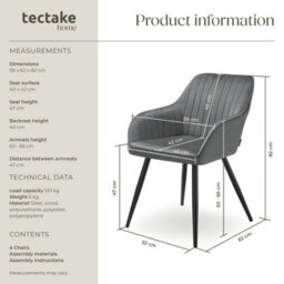 Tectake Set Of 4 Chair Marilyn - Velvet Look, Quilted, Continuous Backrest, Slim Steel Legs  - Grey/black - thumbnail 6