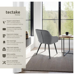 Tectake Set Of 4 Chair Marilyn - Velvet Look, Quilted, Continuous Backrest, Slim Steel Legs  - Grey/black - thumbnail 2