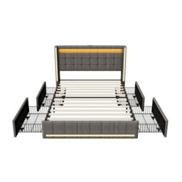Double Bed Frame 135 X 190 With Storage Drawers, Led Bed Frame With Usb Charging Station, Upholstered Bed Headboard, Gray Linen - thumbnail 8