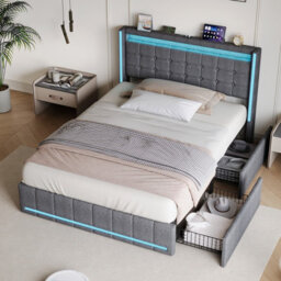 Double Bed Frame 135 X 190 With Storage Drawers, Led Bed Frame With Usb Charging Station, Upholstered Bed Headboard, Gray Linen - thumbnail 4