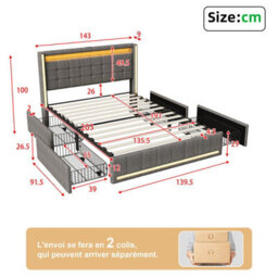 Double Bed Frame 135 X 190 With Storage Drawers, Led Bed Frame With Usb Charging Station, Upholstered Bed Headboard, Gray Linen - thumbnail 9