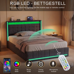 Double Bed Frame 135 X 190 With Storage Drawers, Led Bed Frame With Usb Charging Station, Upholstered Bed Headboard, Gray Linen - thumbnail 6