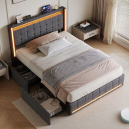 Double Bed Frame 135 X 190 With Storage Drawers, Led Bed Frame With Usb Charging Station, Upholstered Bed Headboard, Gray Linen - thumbnail 3