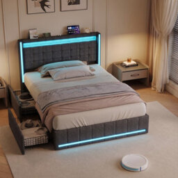 Double Bed Frame 135 X 190 With Storage Drawers, Led Bed Frame With Usb Charging Station, Upholstered Bed Headboard, Gray Linen - thumbnail 5