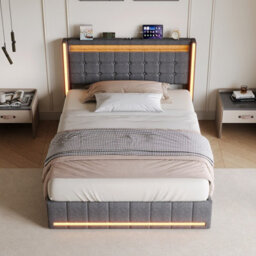Double Bed Frame 135 X 190 With Storage Drawers, Led Bed Frame With Usb Charging Station, Upholstered Bed Headboard, Gray Linen - thumbnail 1