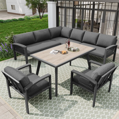 Btm Garden Lounge Set Furniture Set For 8 People Ropework Large Table Wood Grain Finish Galvanized Iron Frame Cushions Included - image 1