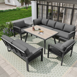 Btm Garden Lounge Set Furniture Set For 8 People Ropework Large Table Wood Grain Finish Galvanized Iron Frame Cushions Included - thumbnail 2