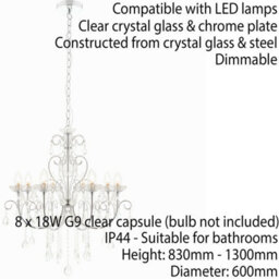 Bathroom Ceiling Pendant Light Chrome & Crystal Ip44 8 Bulb Hanging Lamp Rose - thumbnail 2