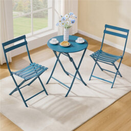Yaheetech 3-Piece Folding Outdoor Balcony Bistro Set, Iron Table And 2 Seats, Garden Bistro Coffee Table Set, Blue - thumbnail 2