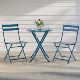Yaheetech 3-Piece Folding Outdoor Balcony Bistro Set, Iron Table And 2 Seats, Garden Bistro Coffee Table Set, Blue