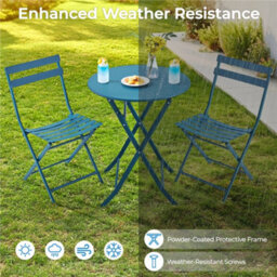 Yaheetech 3-Piece Folding Outdoor Balcony Bistro Set, Iron Table And 2 Seats, Garden Bistro Coffee Table Set, Blue - thumbnail 6