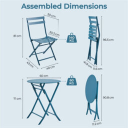 Yaheetech 3-Piece Folding Outdoor Balcony Bistro Set, Iron Table And 2 Seats, Garden Bistro Coffee Table Set, Blue - thumbnail 4