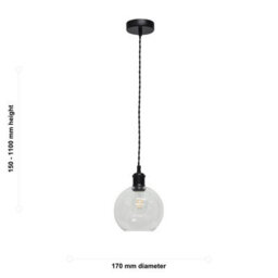 First Choice Lighting Set Of 2 Barnum - Clear Glass Globe Black Retro Pendant Fittings - thumbnail 6