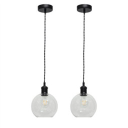 First Choice Lighting Set Of 2 Barnum - Clear Glass Globe Black Retro Pendant Fittings - thumbnail 1