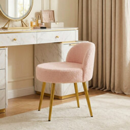 Living And Home Pink Teddy Fleece Dressing Table Stool With Gold Iron Legs, 43Cm W X 40Cm D X 60Cm H - thumbnail 1