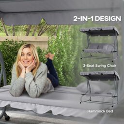 Outsunny 2-In-1 Garden Swing Chair For 3 Person W/ 2 Pillows, Light Grey - thumbnail 4
