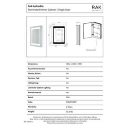 RAK Ceramics Rak Aphrodite 500X700mm Rectangular Illuminated Bathroom Mirror Cabinet With Demister, Shaving Socket, Touch Sensor & Ip44 Rating - thumbnail 2