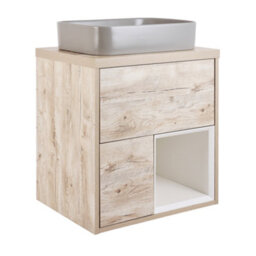 Homestylestore Light Oak 594mm Wall Hung Bathroom Vanity Unit Rectangular Pebble Countertop Basin Open Shelf