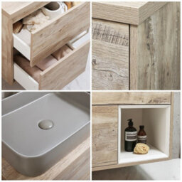 Homestylestore Light Oak 594mm Wall Hung Bathroom Vanity Unit Rectangular Pebble Countertop Basin Open Shelf - thumbnail 2