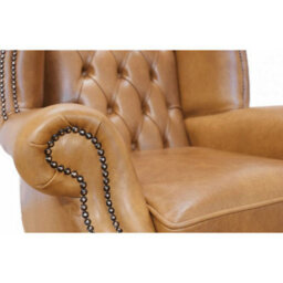 Chesterfield High Back Wing Chair Old English Tan Leather In Queen Anne Style - thumbnail 3