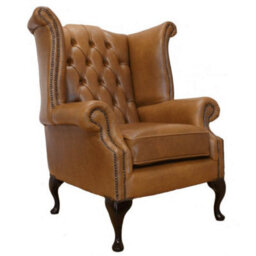 Chesterfield High Back Wing Chair Old English Tan Leather In Queen Anne Style - thumbnail 2