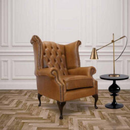Chesterfield High Back Wing Chair Old English Tan Leather In Queen Anne Style - thumbnail 1