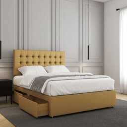 REGIONAL FURNISHINGS Divan Bed Set Luxury Mustard Plush Velvet With 24Inch Headboard & Mattress No Drawers In Single Double King 4Ft 6Ft Sizes