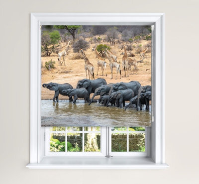 Lister Cartwright Blackout Roller Blind Elephant & Giraffe Water Hole Blind (150 Cm Width X 140 Cm Drop) - image 1