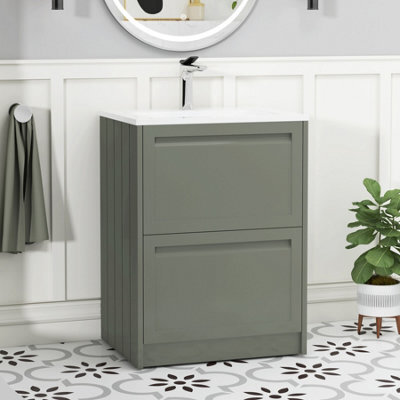 Royal Bathrooms Elmore 600mm Traditional Floor Standing 2 Drawer Bathroom Vanity Unit With Matt Stone Basin Sink - Matt Green - image 1