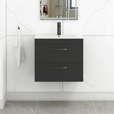 Royal Bathrooms Turin 600mm Wall Hung Vanity Unit Matt Black 2 Drawer Minimalist Basin With Matt Black Handles - image 1