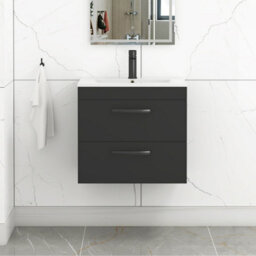 Royal Bathrooms Turin 600mm Wall Hung Vanity Unit Matt Black 2 Drawer Minimalist Basin With Matt Black Handles - thumbnail 1