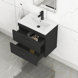 Royal Bathrooms Turin 600mm Wall Hung Vanity Unit Matt Black 2 Drawer Minimalist Basin With Matt Black Handles - thumbnail 5