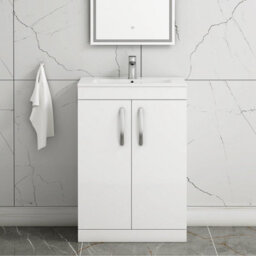 Royal Bathrooms Turin Gloss White 600mm Floor Standing Vanity Unit 2 Door With Minimalist Basin Sink