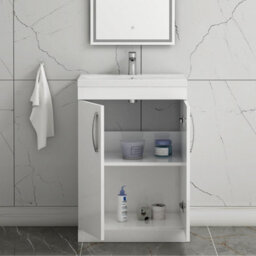Royal Bathrooms Turin Gloss White 600mm Floor Standing Vanity Unit 2 Door With Minimalist Basin Sink - thumbnail 3