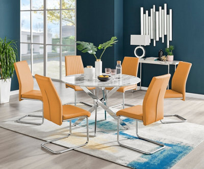 Furniturebox Novara White Marble Effect 120Cm Round Dining Table With Chrome Legs & 6 Mustard Faux Leather Lorenzo Chairs - image 1