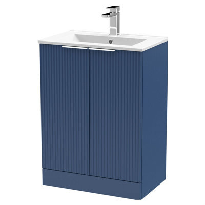 Balterley Tixall Fluted 2 Door Floor Standing Vanity Unit With Minimalist Basin, Satin Blue, 600mm - image 1