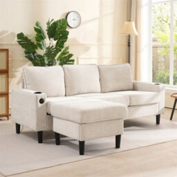 Abrihome L-Shaped Couch Sofa, Corner Sofa 3 Seater Sofa, Sectional Sofa Couches With Usb, Cup Holder, For Apartment Living Room (Beige) - thumbnail 9