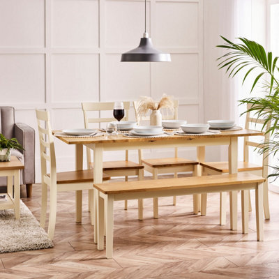 Furniturebox Salcombe Extending Rectangular Wooden Table With 4 Whitby Chairs & 1 Large Bench - image 1
