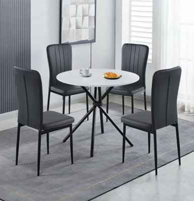 Hallowood Furniture Cullompton Dining Set, Small Round White Dining Table 90Cm With 4 Black Faux Leather High Back Chairs - image 1