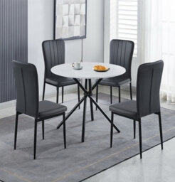 Hallowood Furniture Cullompton Dining Set, Small Round White Dining Table 90Cm With 4 Black Faux Leather High Back Chairs - thumbnail 1