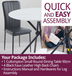 Hallowood Furniture Cullompton Dining Set, Small Round White Dining Table 90Cm With 4 Black Faux Leather High Back Chairs - thumbnail 7