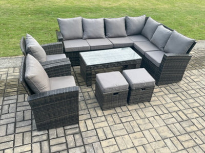Fimous Rattan Corner Sofa Garden Furniture Set With 2 Small Footstools Rectangular Coffee Table With Cushion Dark Grey Mixed - image 1