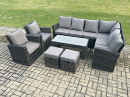 Fimous Rattan Corner Sofa Garden Furniture Set With 2 Small Footstools Rectangular Coffee Table With Cushion Dark Grey Mixed - thumbnail 2