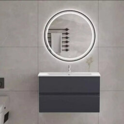 D Pro T Bathrooms 600mm Vanity Unit Gloss Dark Grey Wall Hung Bathroom Cabinet With Soft Close Storage & Ceramic Basin