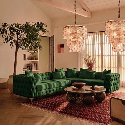 Sofaya Monaco Chesterfield 6 Seater Chaise Sofa Green Velvet L Shaped Corner Chaise- Right Hand Deep Buttoned Upholstery Couch Lounge - image 1