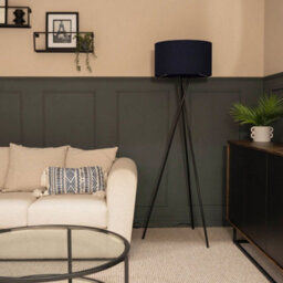 Valuelights Camden Black Tripod Floor Lamp With Navy Drum Shade - thumbnail 1