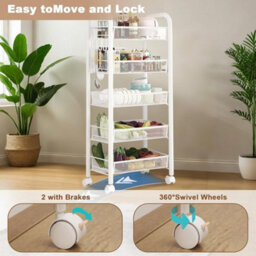 5 Tier Rolling Cart Storage Vegetable Rack Metal Slim Trolley Wheel - thumbnail 3