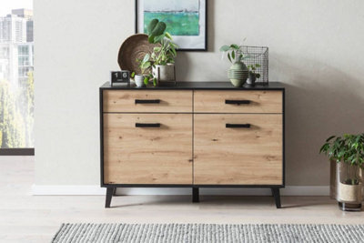 Arte Stylish Artona 85 Sideboard Cabinet H850mm W1260mm D400mm - Oak Artisan & Black Matt With 2 Drawers And 2 Hinged Doors - image 1