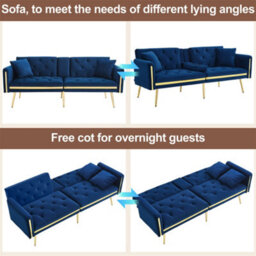 Abrihome Two-Seater Sofa Bed With Adjustable Backrest, Gold Accents & Built-In Cup Holders, Space-Saving Convertible, Blue - thumbnail 8